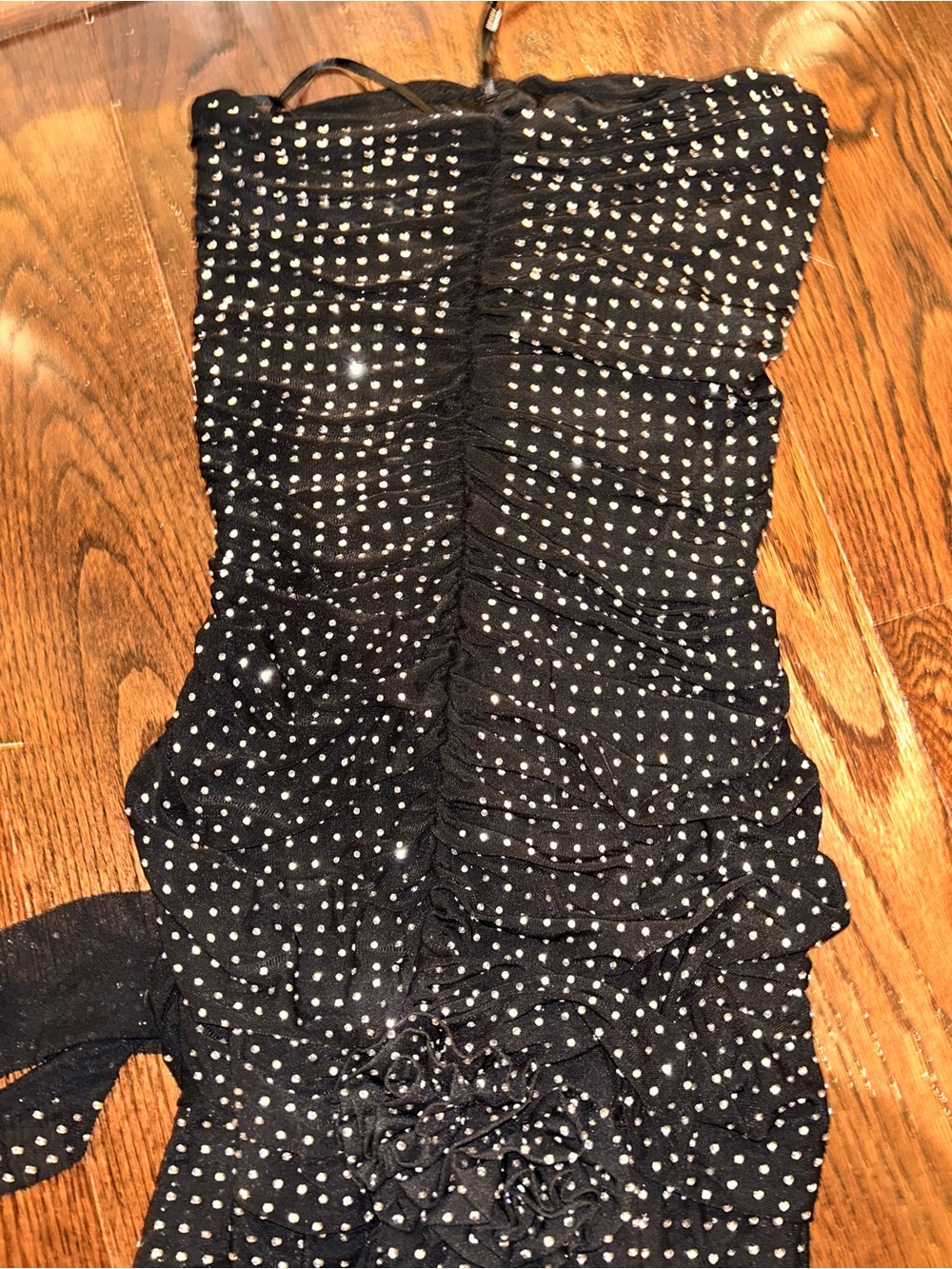 Black Strapless Rhinestone Ruched Dress - Picture 2 of 6